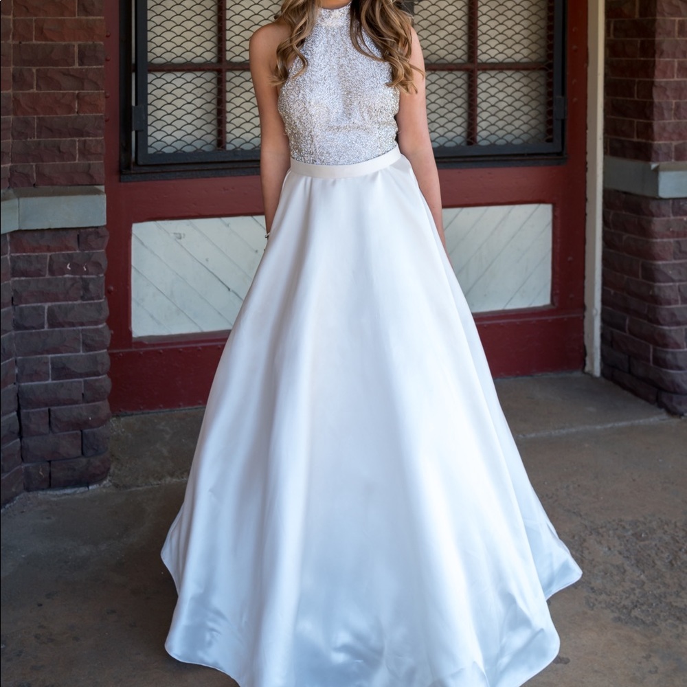 Jovani Bat Mitzvah/Wedding/Prom halter beaded gown in a champagney white